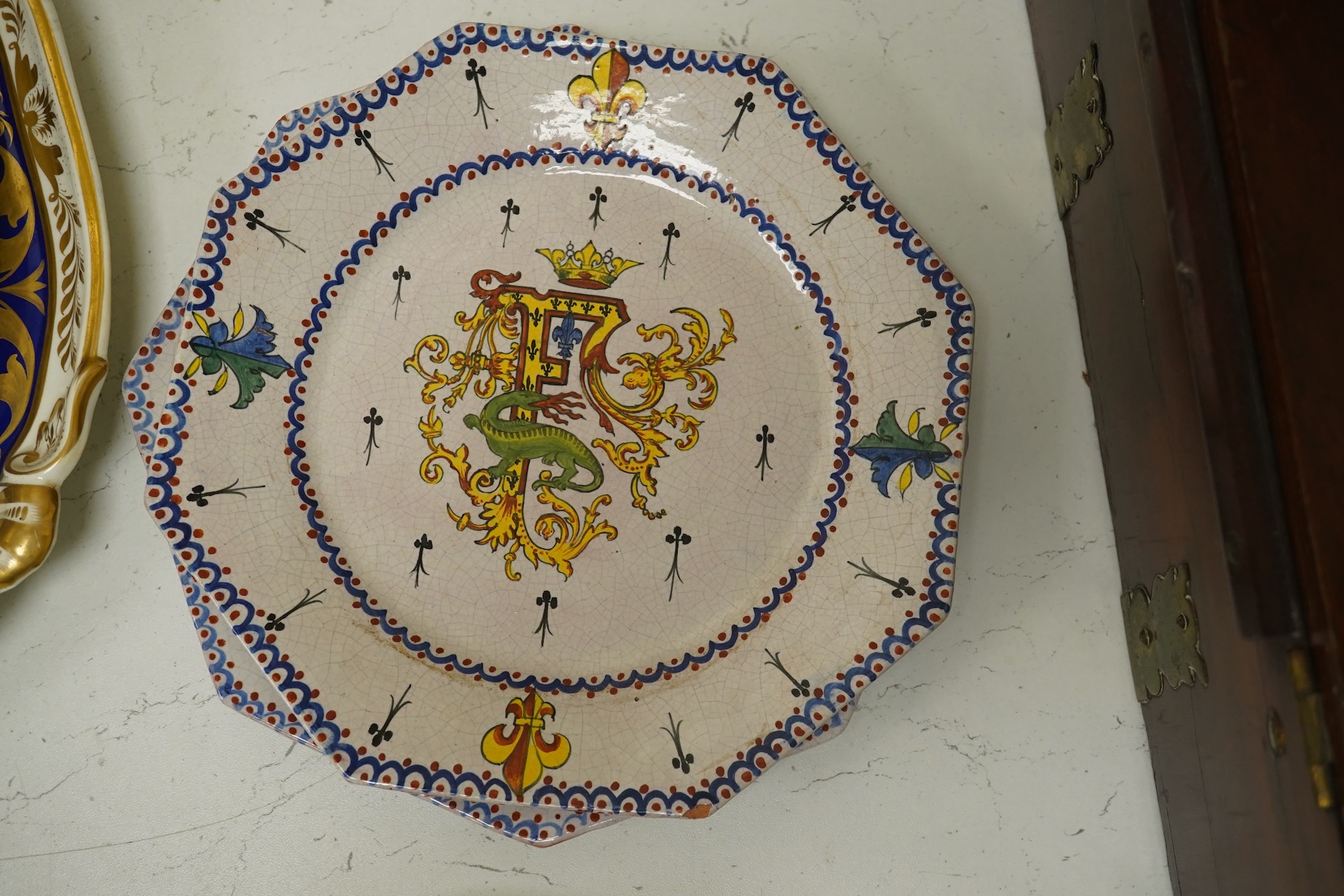 A Chamberlains Worcester armorial dessert dish, and a Spode armorial plate ‘The London’, c.1825 (produced for the Captain of the Ship 'The London’), both bearing the arms of the British East India Company, together with